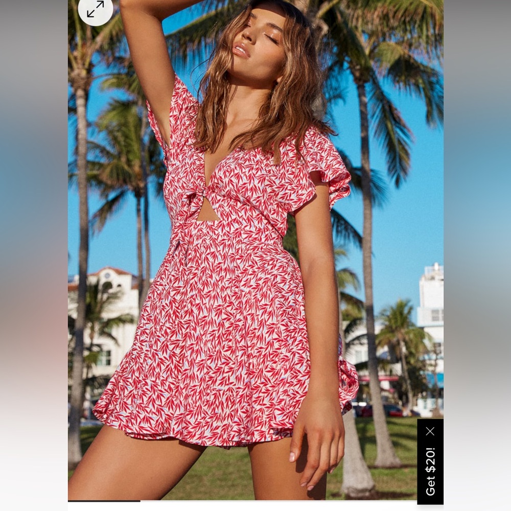 Dondi Red and White Print Tie-Front Short Sleeve Romper